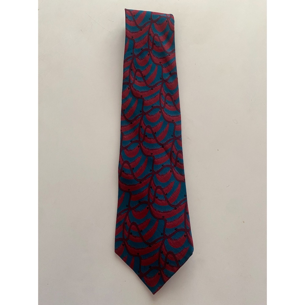 Mallory & Church Mens Silk Tie Burgundy Teal Abstract Wavy Vintage Necktie
